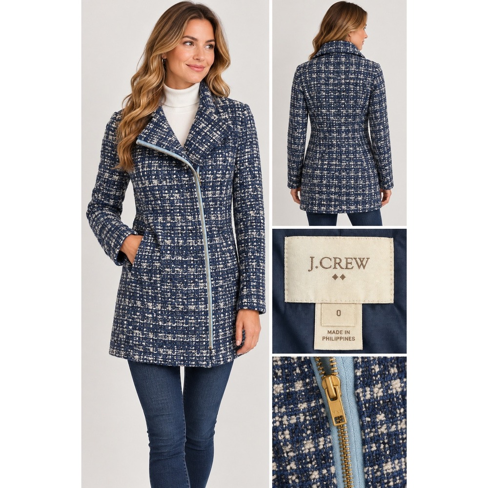 J.Crew Tweed Coat Women 0 Navy Blue White Asymmetrical Zip Wool Blend Preppy